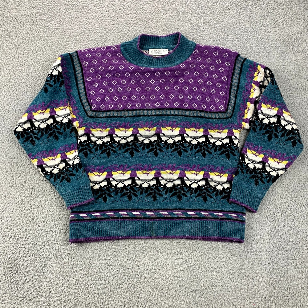 Vtg Adina Sweater Womens Size 40 Large Nordic Fair Isle Geometric Floral 90s USA